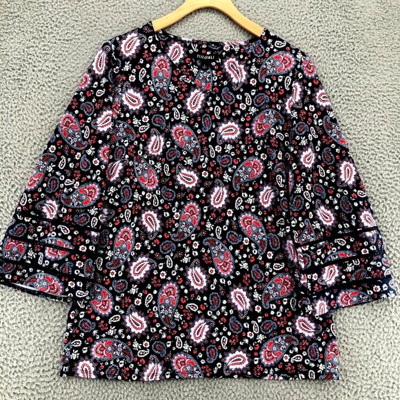 Roz & Ali Top Womens Small Navy Red Paisley Floral Small Sleeves Stretch Boho - Picture 1 of 10